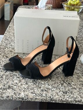 Geox Black Suede Block Heel Ankle Strap Sandals